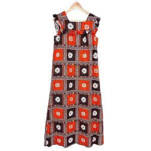 Vintage 1970s Tapa Designs Hawaiian Maxi Dress Ruffle Tapa Print tiki luau
